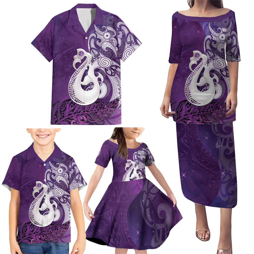 New Zealand Matariki Family Matching Puletasi and Hawaiian Shirt Maori Manaia Galaxy Silver Fern Purple Color