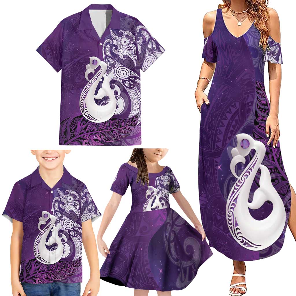 New Zealand Matariki Family Matching Summer Maxi Dress and Hawaiian Shirt Maori Manaia Galaxy Silver Fern Purple Color