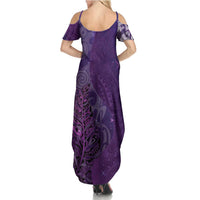 New Zealand Matariki Family Matching Summer Maxi Dress and Hawaiian Shirt Maori Manaia Galaxy Silver Fern Purple Color