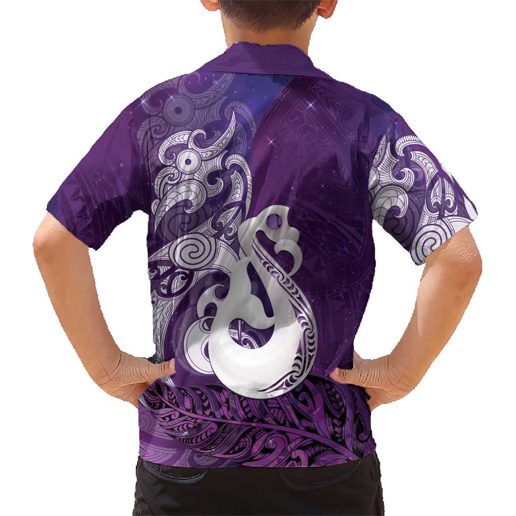 New Zealand Matariki Family Matching Tank Maxi Dress and Hawaiian Shirt Maori Manaia Galaxy Silver Fern Purple Color