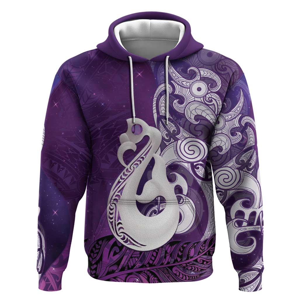 New Zealand Matariki Hoodie Maori Manaia Galaxy Silver Fern Purple Color