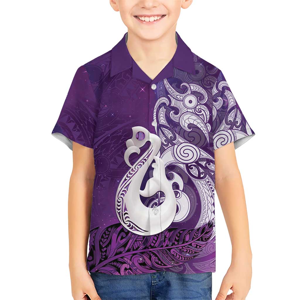 New Zealand Matariki Kid Hawaiian Shirt Maori Manaia Galaxy Silver Fern Purple Color