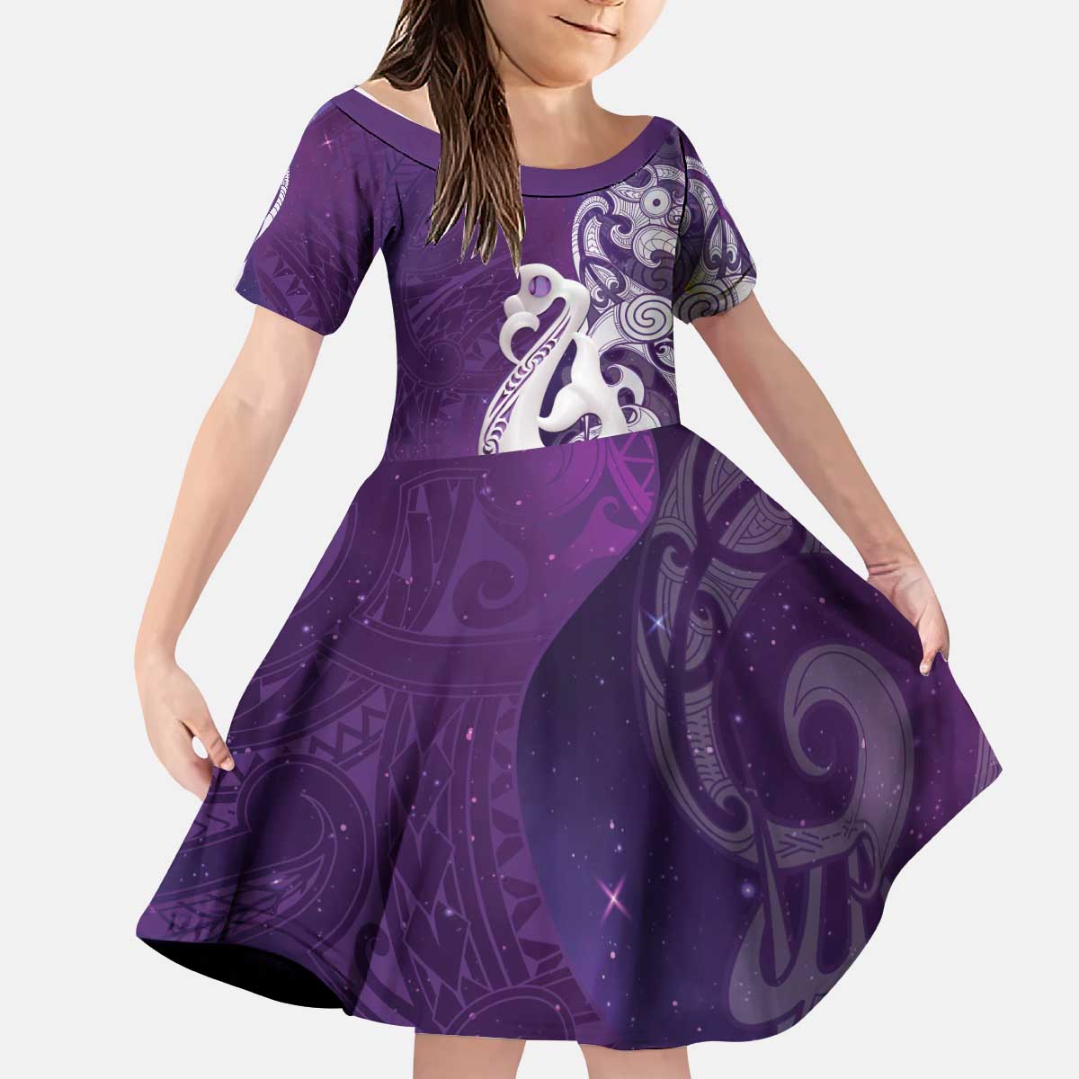 New Zealand Matariki Kid Short Sleeve Dress Maori Manaia Galaxy Silver Fern Purple Color