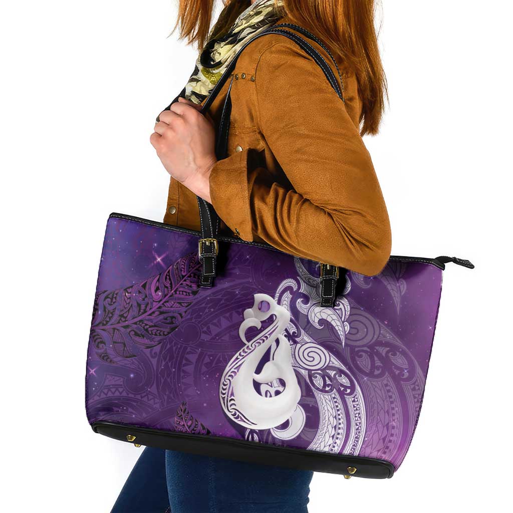 New Zealand Matariki Leather Tote Bag Maori Manaia Galaxy Silver Fern Purple Color