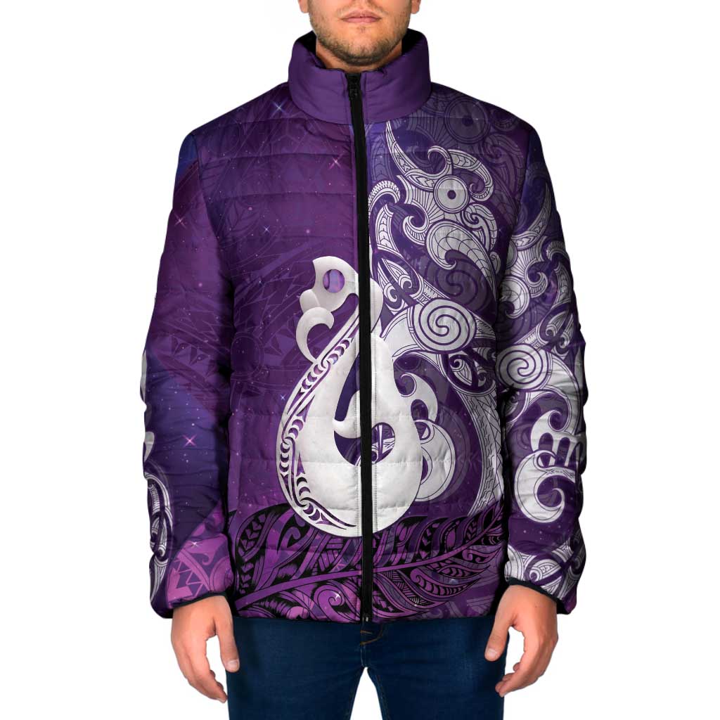 New Zealand Matariki Padded Jacket Maori Manaia Galaxy Silver Fern Purple Color