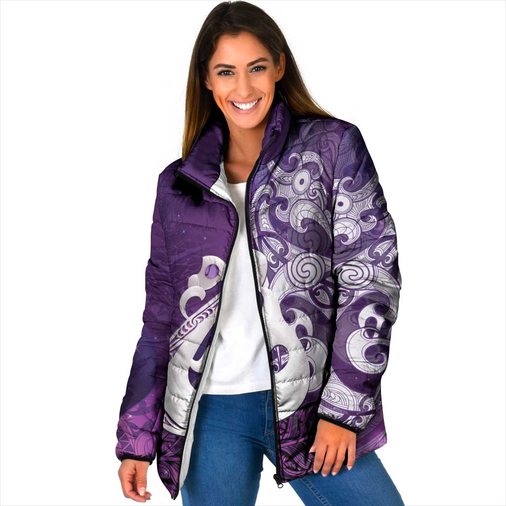 New Zealand Matariki Padded Jacket Maori Manaia Galaxy Silver Fern Purple Color