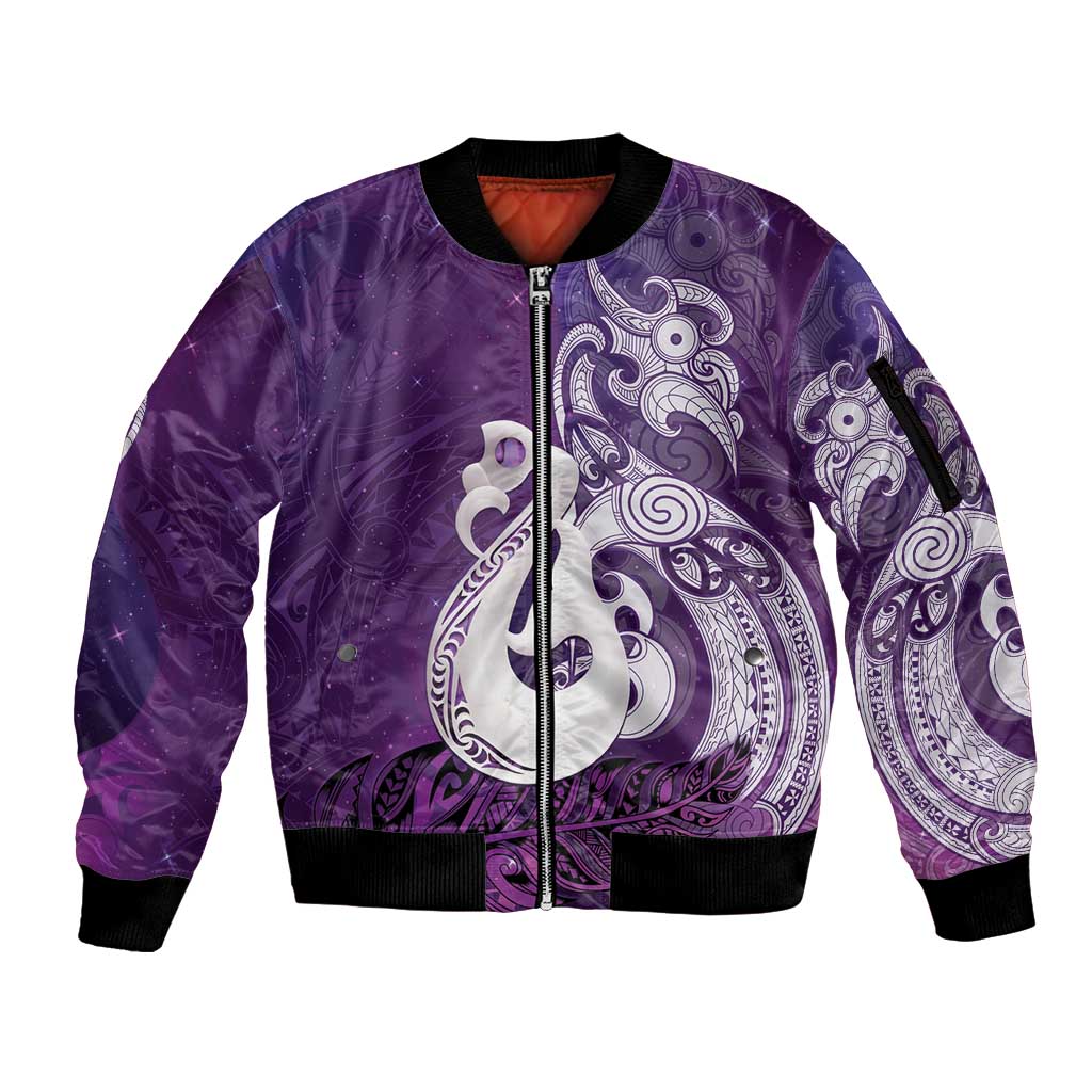 New Zealand Matariki Sleeve Zip Bomber Jacket Maori Manaia Galaxy Silver Fern Purple Color