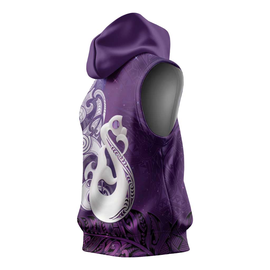 New Zealand Matariki Sleeveless Hoodie Maori Manaia Galaxy Silver Fern Purple Color
