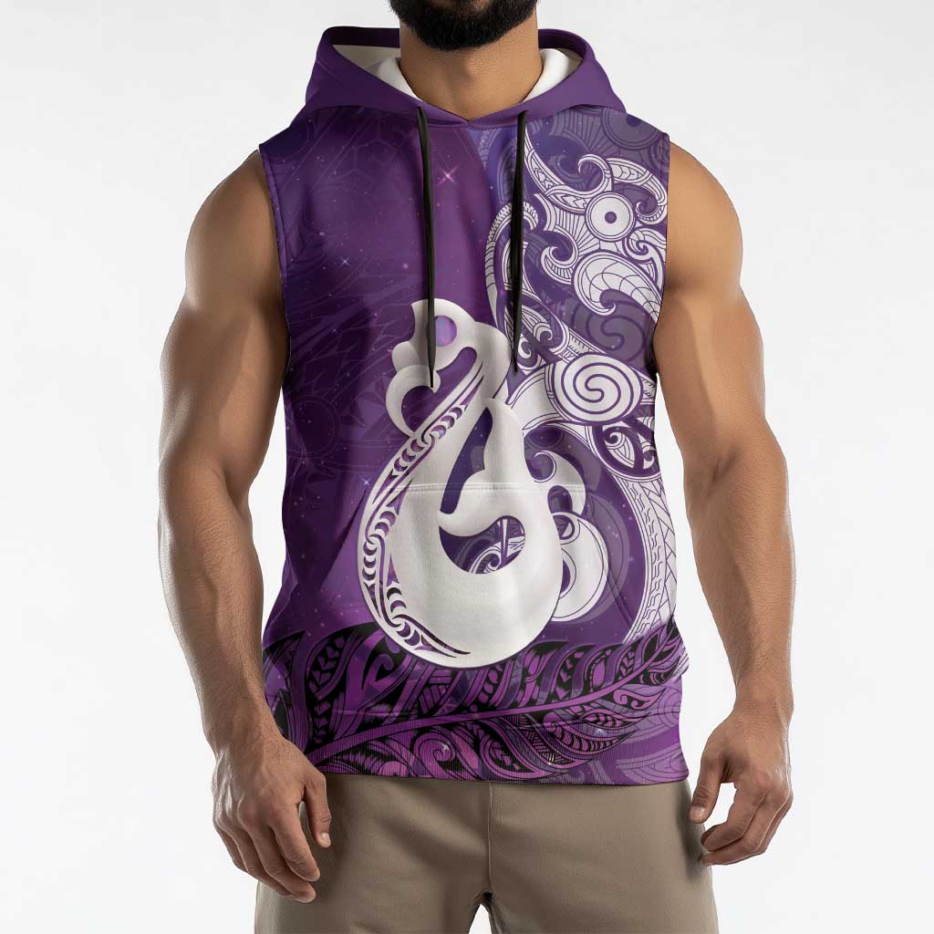 New Zealand Matariki Sleeveless Hoodie Maori Manaia Galaxy Silver Fern Purple Color