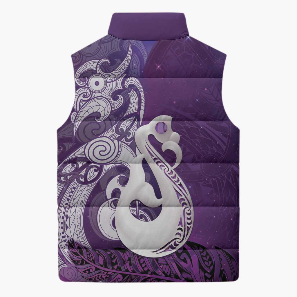 New Zealand Matariki Sleeveless Puffer Jacket Maori Manaia Galaxy Silver Fern Purple Color