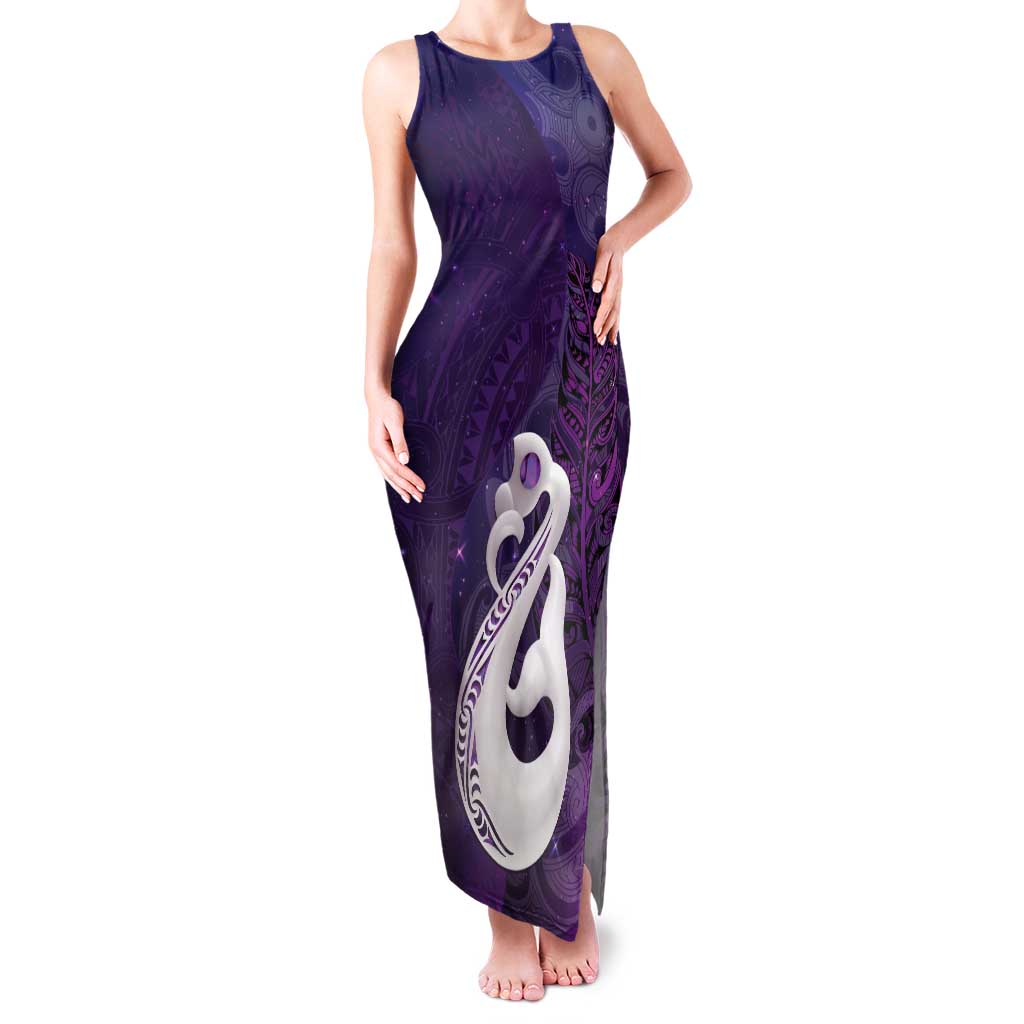 New Zealand Matariki Tank Maxi Dress Maori Manaia Galaxy Silver Fern Purple Color