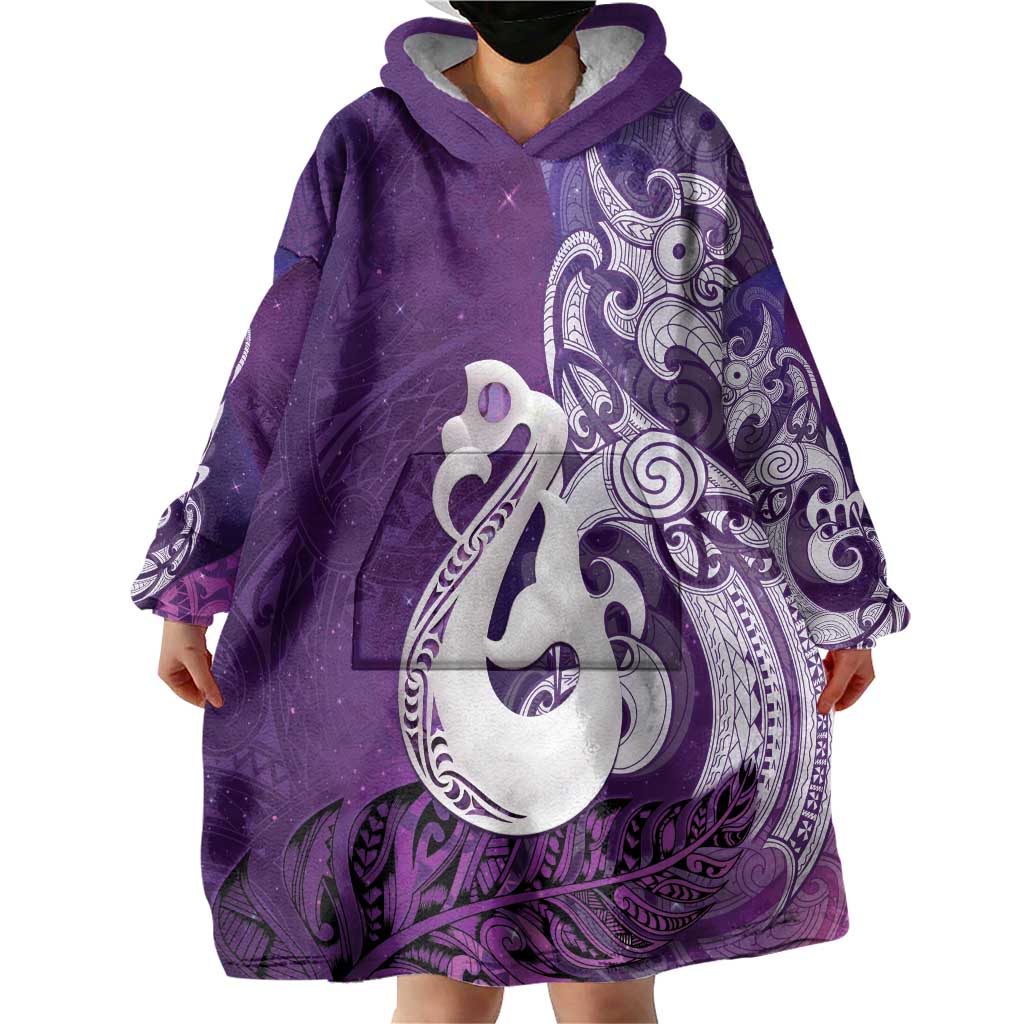 New Zealand Matariki Wearable Blanket Hoodie Maori Manaia Galaxy Silver Fern Purple Color