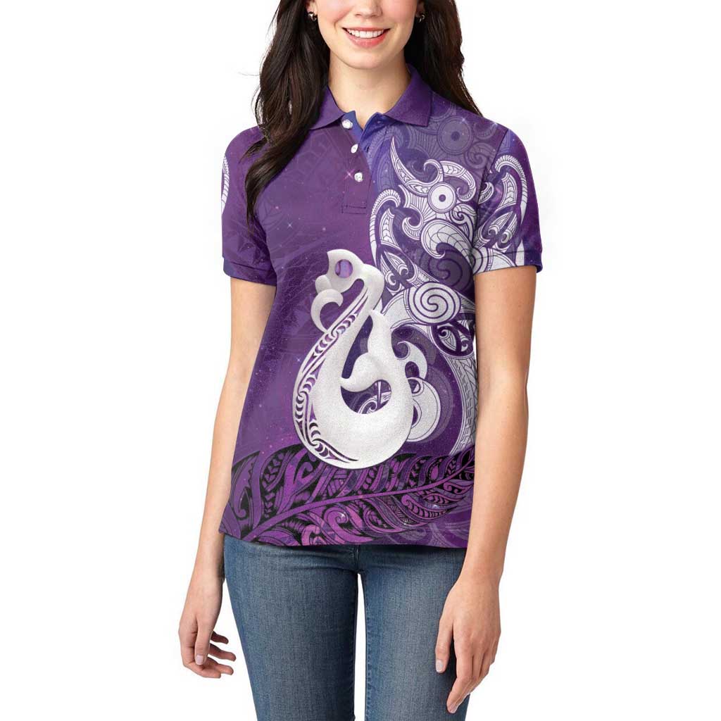 New Zealand Matariki Women Polo Shirt Maori Manaia Galaxy Silver Fern Purple Color