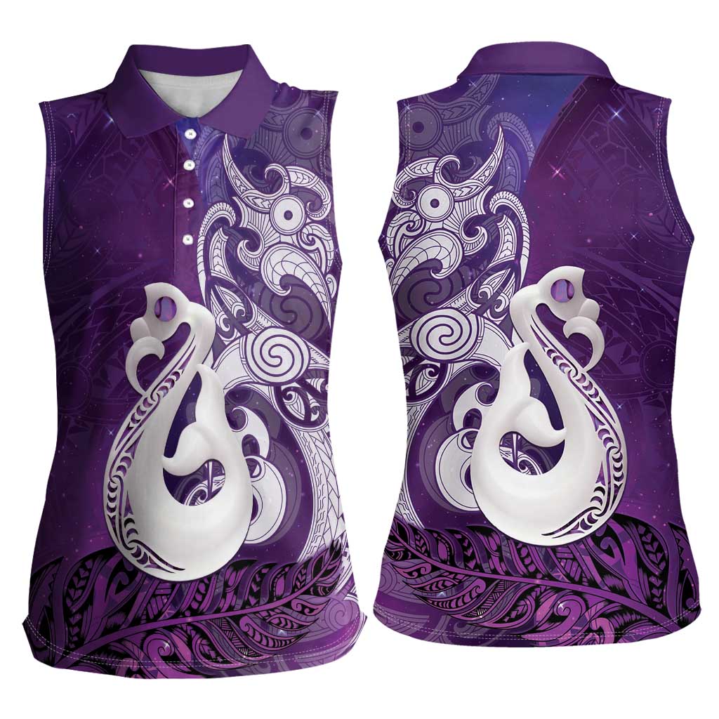 New Zealand Matariki Women Sleeveless Polo Shirt Maori Manaia Galaxy Silver Fern Purple Color