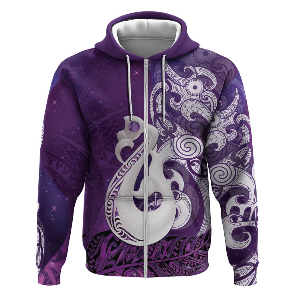 New Zealand Matariki Zip Hoodie Maori Manaia Galaxy Silver Fern Purple Color