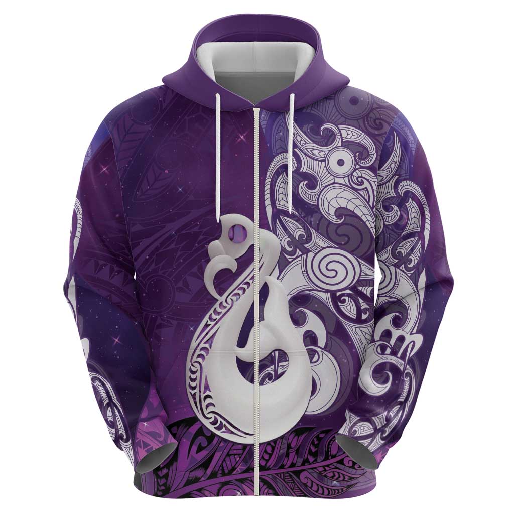 New Zealand Matariki Zip Hoodie Maori Manaia Galaxy Silver Fern Purple Color