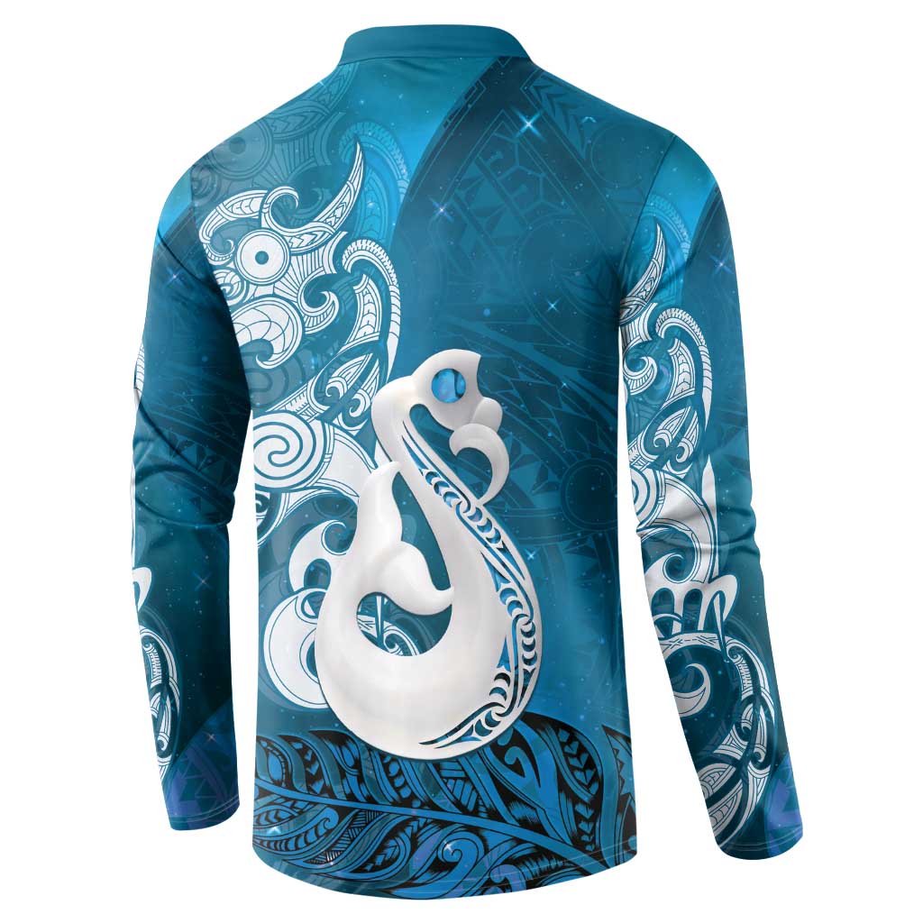New Zealand Matariki Button Sweatshirt Maori Manaia Galaxy Silver Fern Blue Color LT22 - Polynesian Pride