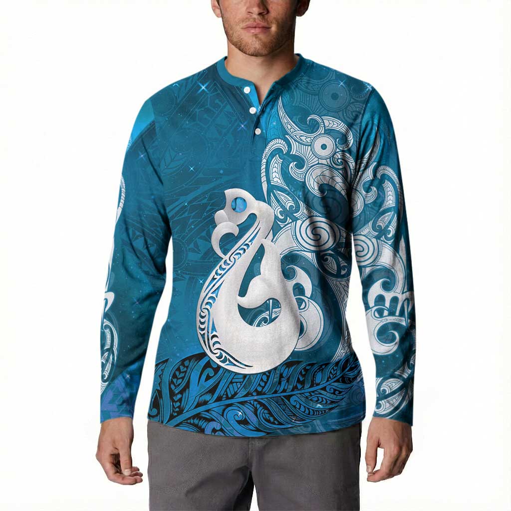 New Zealand Matariki Button Sweatshirt Maori Manaia Galaxy Silver Fern Blue Color LT22 - Polynesian Pride