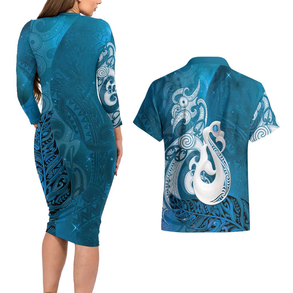 New Zealand Matariki Couples Matching Long Sleeve Bodycon Dress and Hawaiian Shirt Maori Manaia Galaxy Silver Fern Blue Color