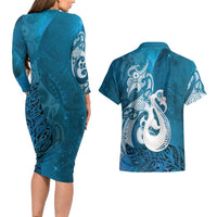 New Zealand Matariki Couples Matching Long Sleeve Bodycon Dress and Hawaiian Shirt Maori Manaia Galaxy Silver Fern Blue Color