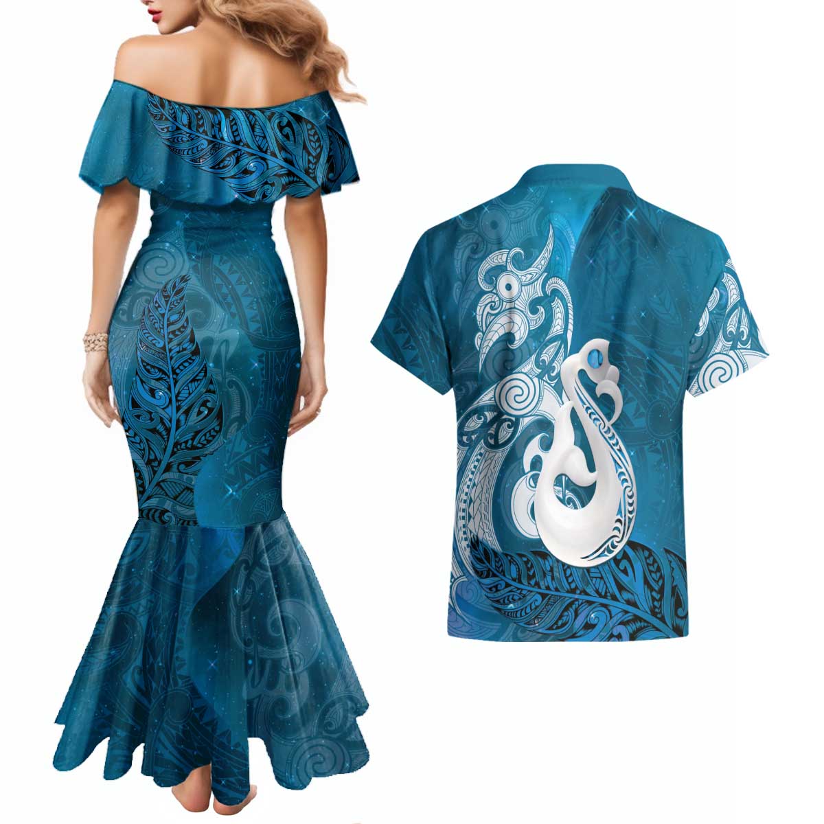 New Zealand Matariki Couples Matching Mermaid Dress and Hawaiian Shirt Maori Manaia Galaxy Silver Fern Blue Color