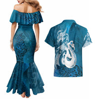 New Zealand Matariki Couples Matching Mermaid Dress and Hawaiian Shirt Maori Manaia Galaxy Silver Fern Blue Color