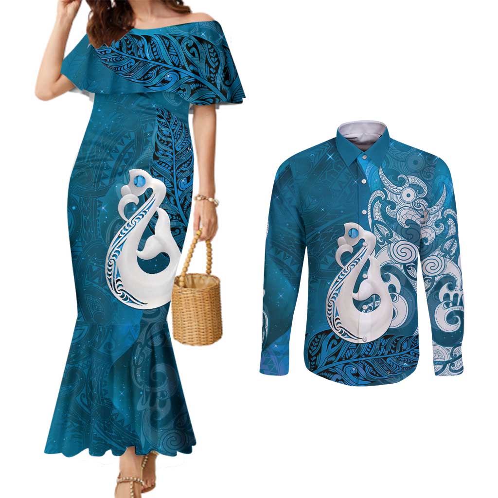New Zealand Matariki Couples Matching Mermaid Dress and Long Sleeve Button Shirt Maori Manaia Galaxy Silver Fern Blue Color