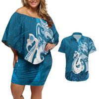 New Zealand Matariki Couples Matching Off Shoulder Short Dress and Hawaiian Shirt Maori Manaia Galaxy Silver Fern Blue Color