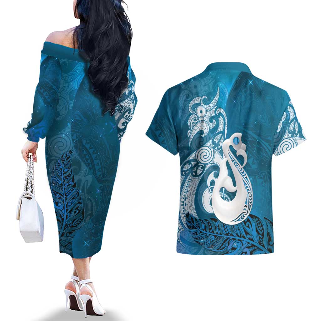 New Zealand Matariki Couples Matching Off The Shoulder Long Sleeve Dress and Hawaiian Shirt Maori Manaia Galaxy Silver Fern Blue Color