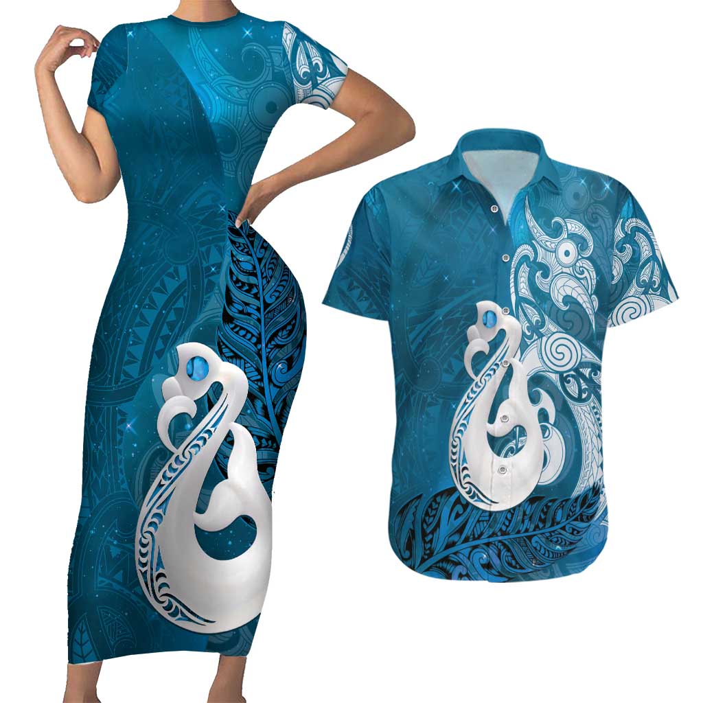 New Zealand Matariki Couples Matching Short Sleeve Bodycon Dress and Hawaiian Shirt Maori Manaia Galaxy Silver Fern Blue Color