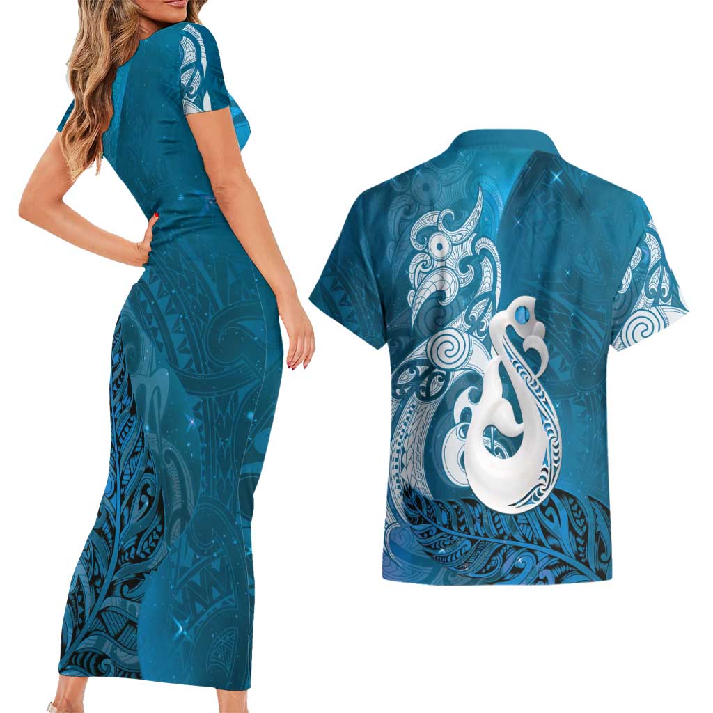 New Zealand Matariki Couples Matching Short Sleeve Bodycon Dress and Hawaiian Shirt Maori Manaia Galaxy Silver Fern Blue Color