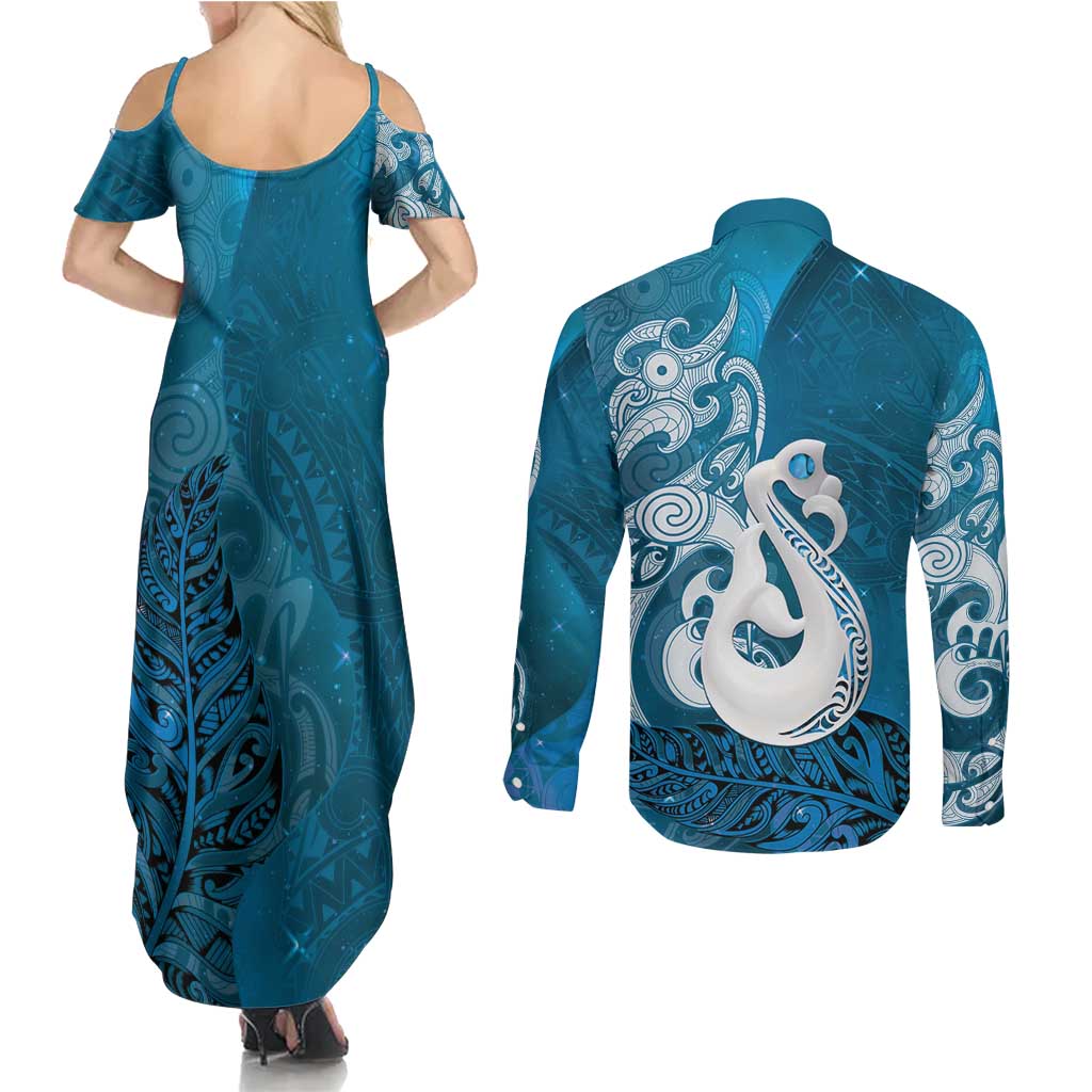 New Zealand Matariki Couples Matching Summer Maxi Dress and Long Sleeve Button Shirt Maori Manaia Galaxy Silver Fern Blue Color