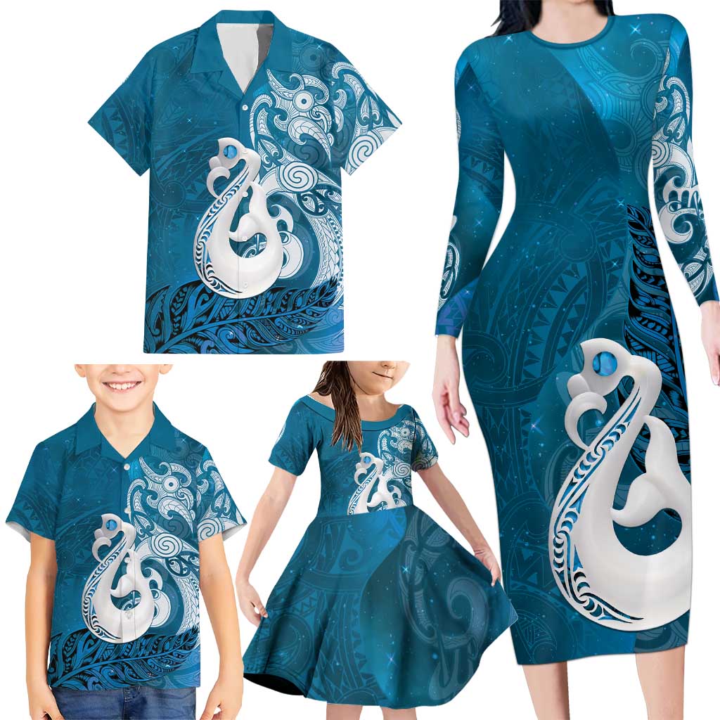 New Zealand Matariki Family Matching Long Sleeve Bodycon Dress and Hawaiian Shirt Maori Manaia Galaxy Silver Fern Blue Color