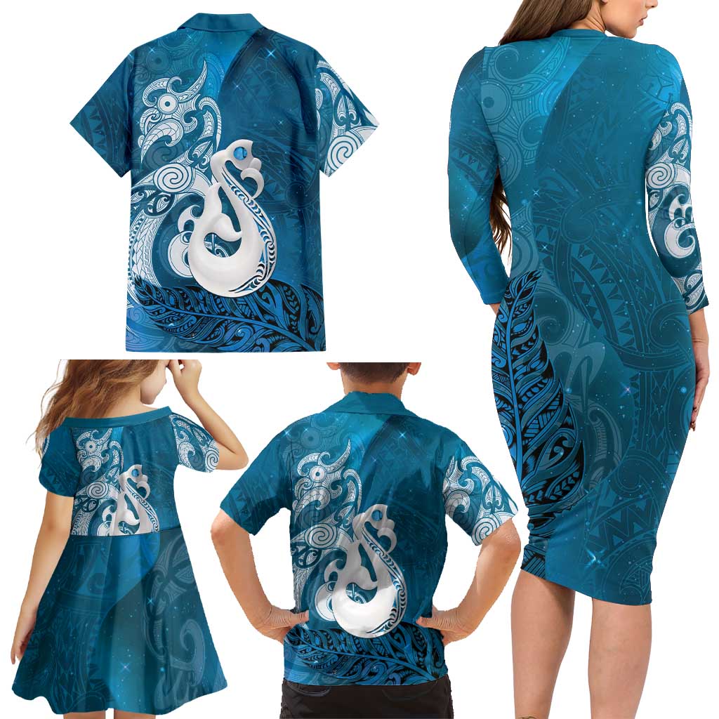 New Zealand Matariki Family Matching Long Sleeve Bodycon Dress and Hawaiian Shirt Maori Manaia Galaxy Silver Fern Blue Color