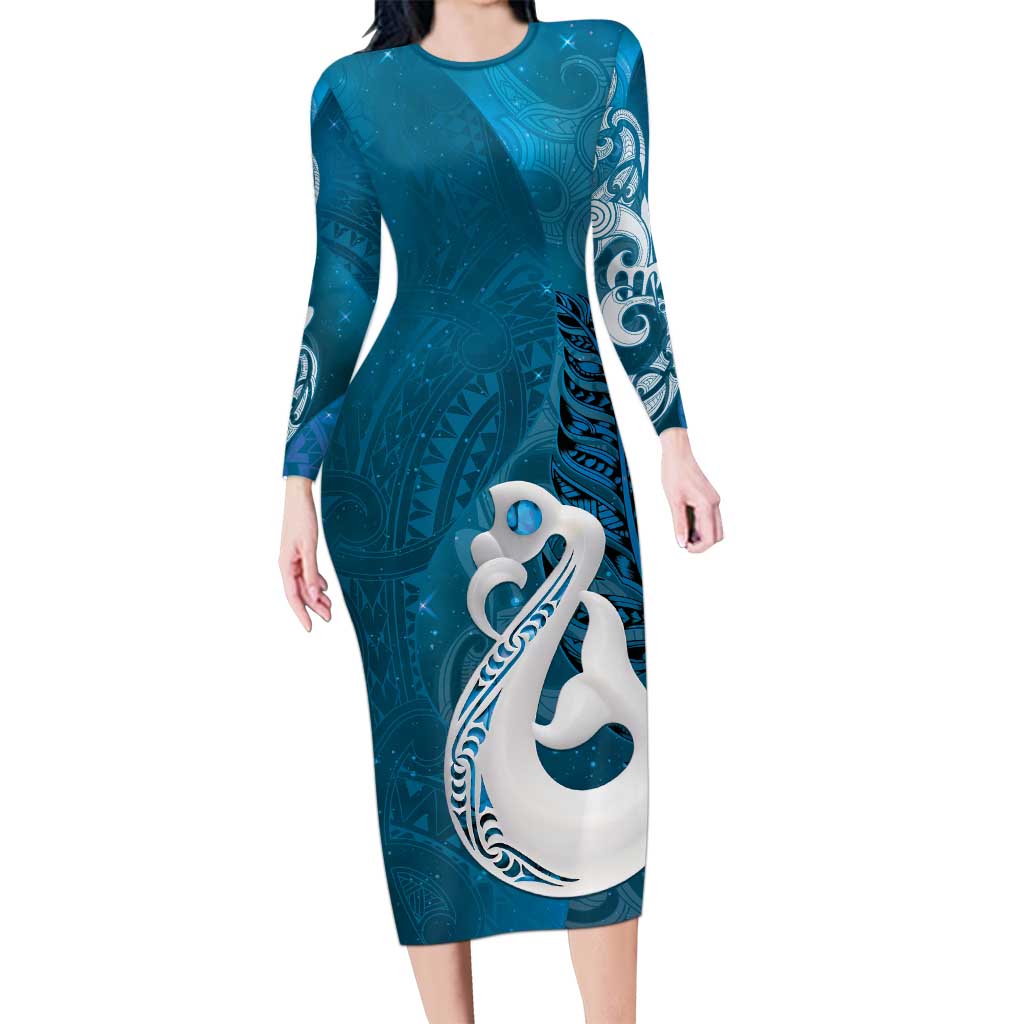 New Zealand Matariki Family Matching Long Sleeve Bodycon Dress and Hawaiian Shirt Maori Manaia Galaxy Silver Fern Blue Color