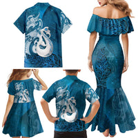 New Zealand Matariki Family Matching Mermaid Dress and Hawaiian Shirt Maori Manaia Galaxy Silver Fern Blue Color