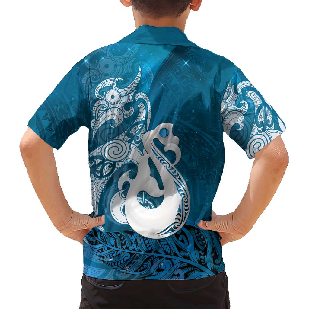New Zealand Matariki Family Matching Off The Shoulder Long Sleeve Dress and Hawaiian Shirt Maori Manaia Galaxy Silver Fern Blue Color