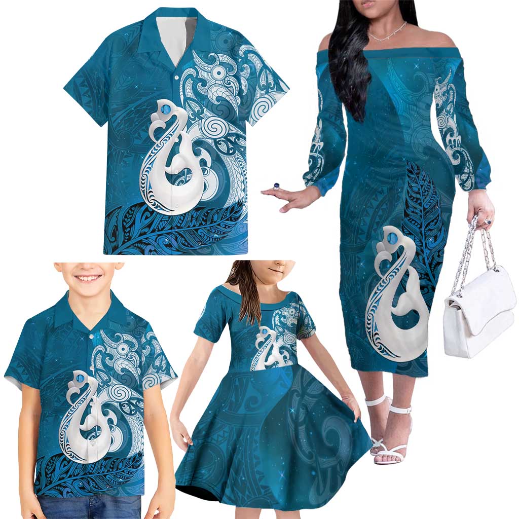 New Zealand Matariki Family Matching Off The Shoulder Long Sleeve Dress and Hawaiian Shirt Maori Manaia Galaxy Silver Fern Blue Color