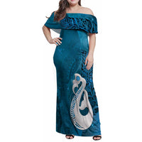New Zealand Matariki Family Matching Off Shoulder Maxi Dress and Hawaiian Shirt Maori Manaia Galaxy Silver Fern Blue Color