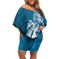 New Zealand Matariki Family Matching Off Shoulder Short Dress and Hawaiian Shirt Maori Manaia Galaxy Silver Fern Blue Color