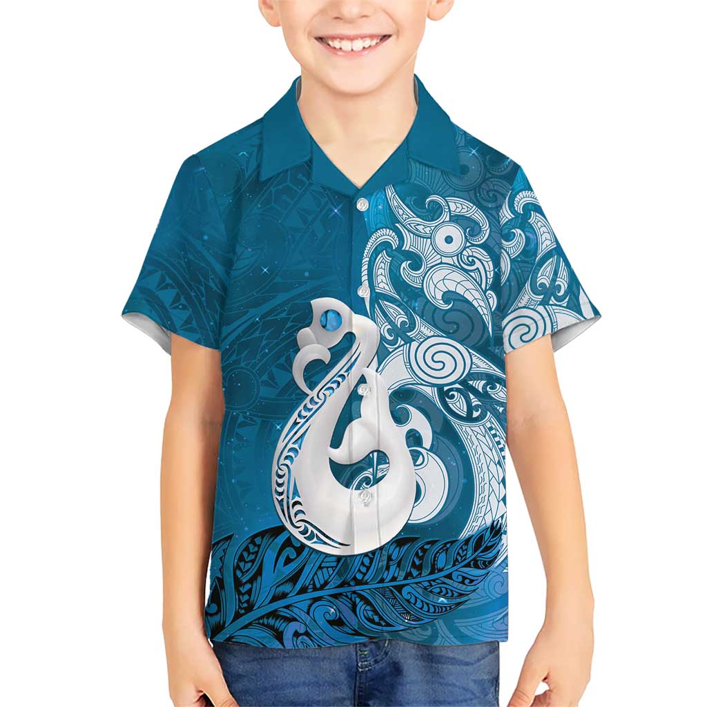 New Zealand Matariki Family Matching Off Shoulder Short Dress and Hawaiian Shirt Maori Manaia Galaxy Silver Fern Blue Color