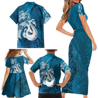 New Zealand Matariki Family Matching Short Sleeve Bodycon Dress and Hawaiian Shirt Maori Manaia Galaxy Silver Fern Blue Color