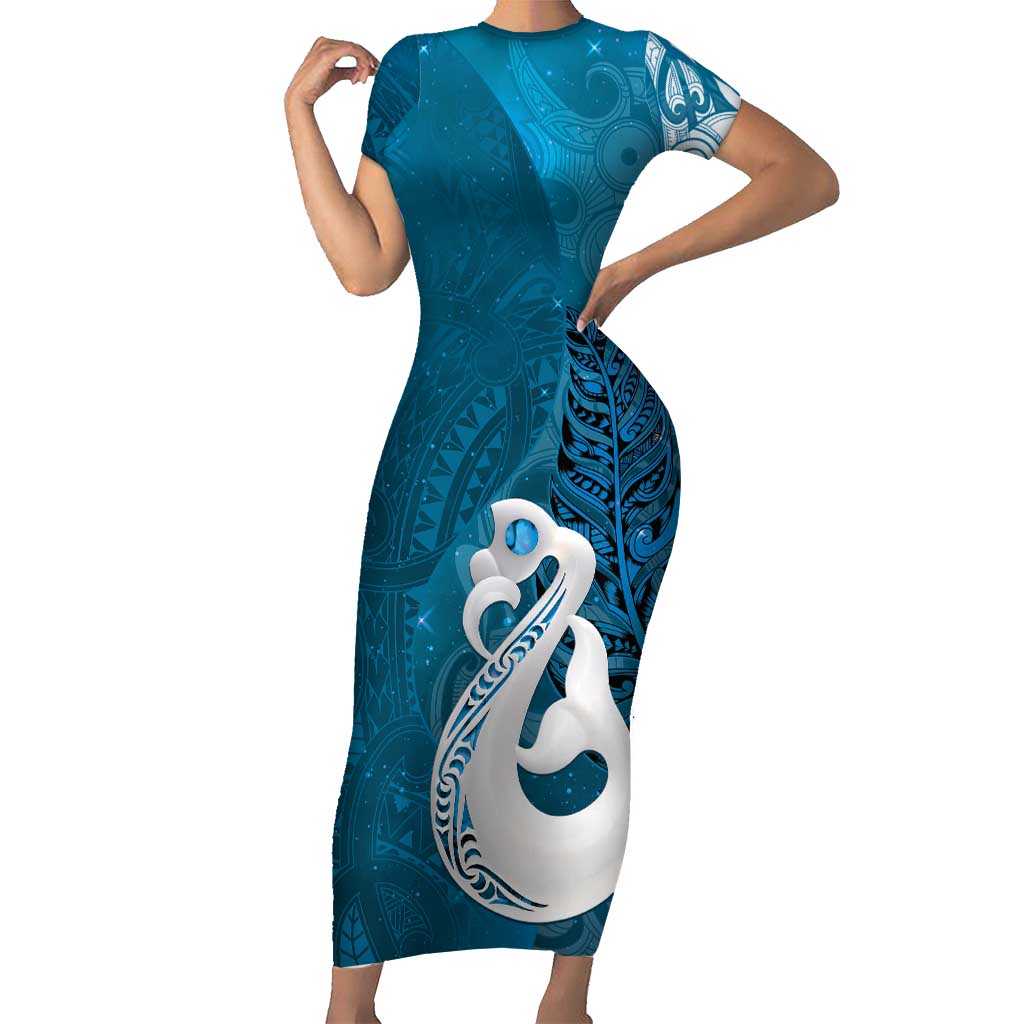 New Zealand Matariki Family Matching Short Sleeve Bodycon Dress and Hawaiian Shirt Maori Manaia Galaxy Silver Fern Blue Color