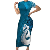 New Zealand Matariki Family Matching Short Sleeve Bodycon Dress and Hawaiian Shirt Maori Manaia Galaxy Silver Fern Blue Color