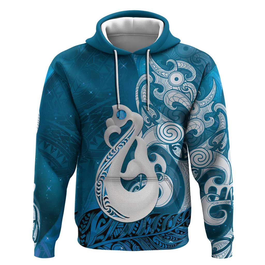 New Zealand Matariki Hoodie Maori Manaia Galaxy Silver Fern Blue Color