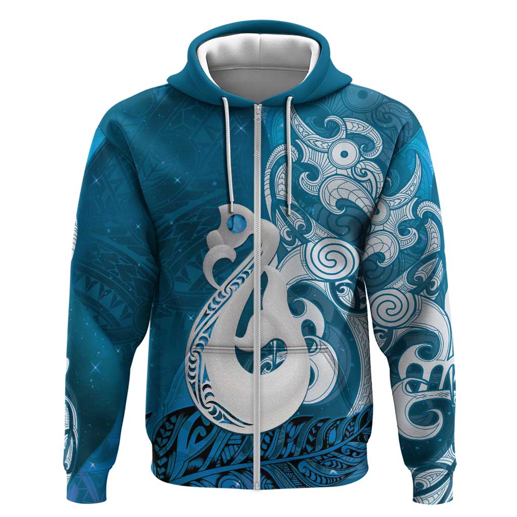 New Zealand Matariki Hoodie Maori Manaia Galaxy Silver Fern Blue Color