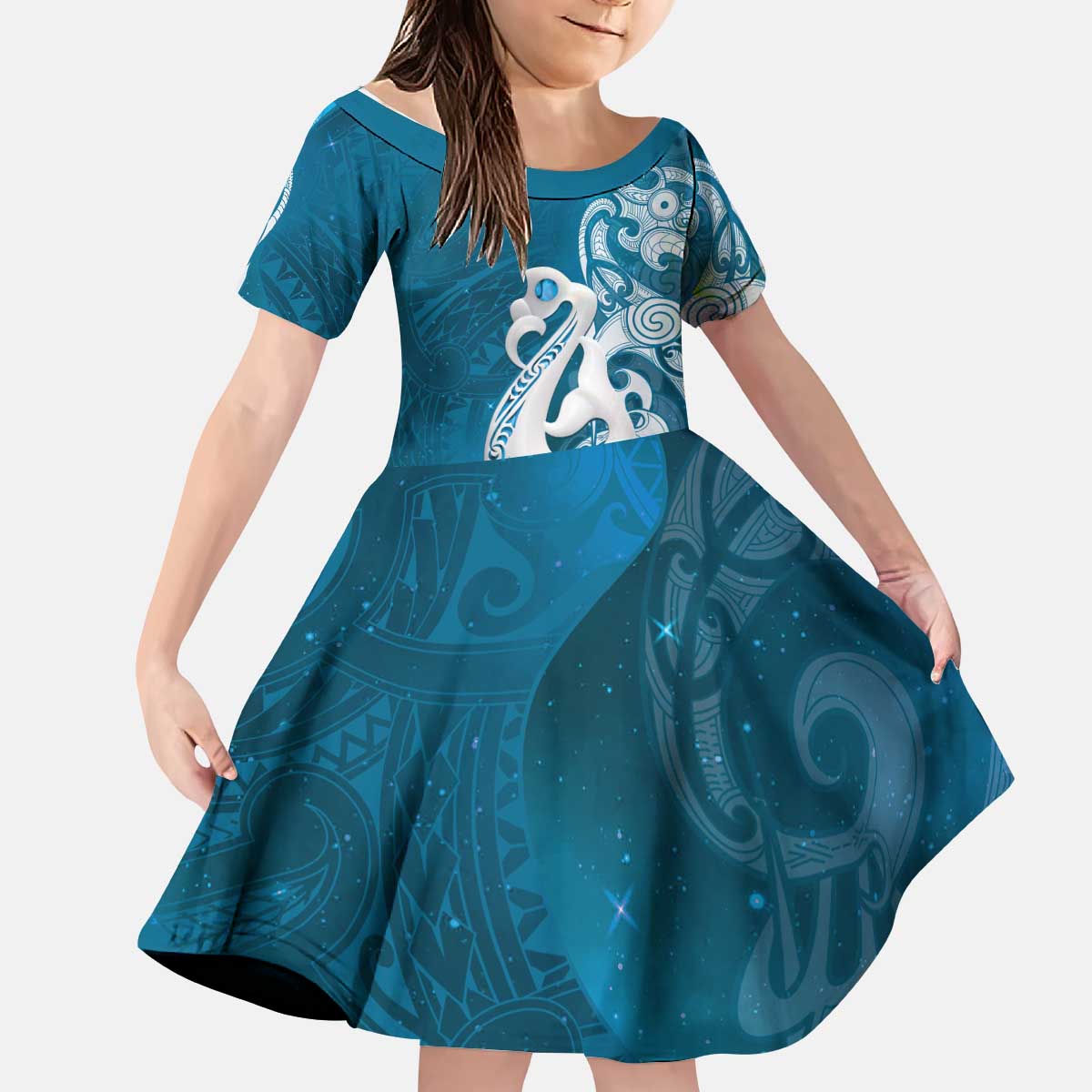 New Zealand Matariki Kid Short Sleeve Dress Maori Manaia Galaxy Silver Fern Blue Color