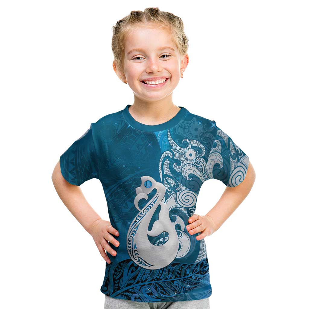 New Zealand Matariki Kid T Shirt Maori Manaia Galaxy Silver Fern Blue Color