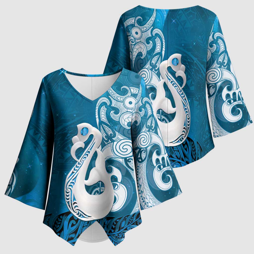 New Zealand Matariki Kimono Sleeve Blouse Maori Manaia Galaxy Silver Fern Blue Color