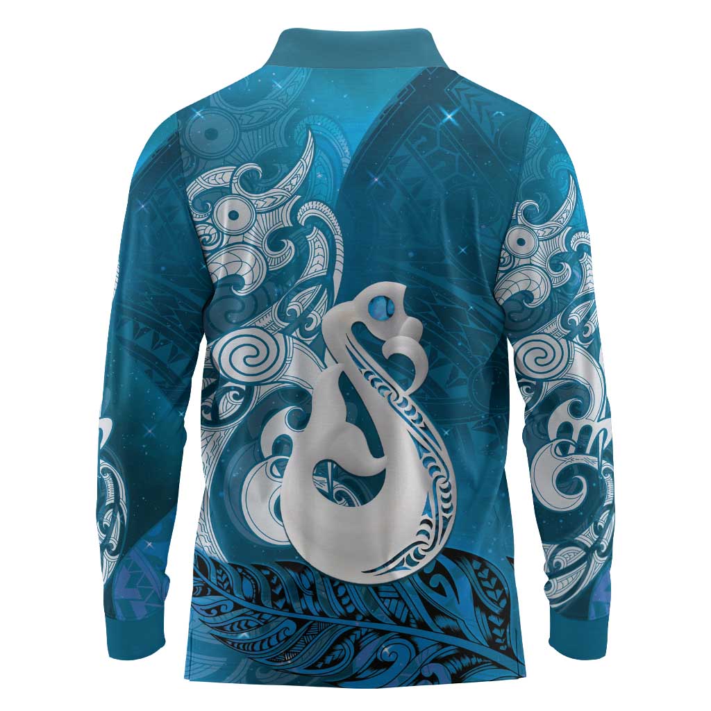New Zealand Matariki Long Sleeve Polo Shirt Maori Manaia Galaxy Silver Fern Blue Color